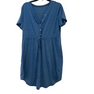 Womens Blue Casual Dress Short Sleeve Button Up Tie Waist Lightweight Size Large